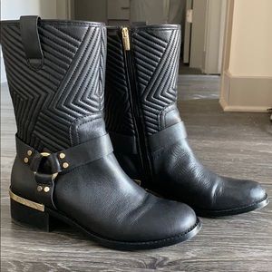 Waldan Quilted Leather Moto Block Heel Booties